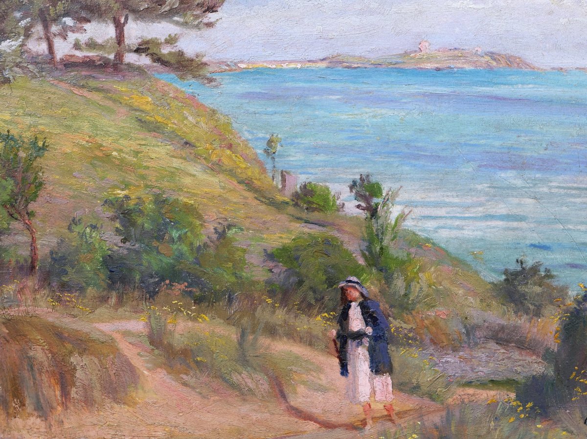 H. LAMOUR, Femme en bord de mer à Saint-Jacut-de-la-Mer, tableau (paysage de Bretagne)-photo-2
