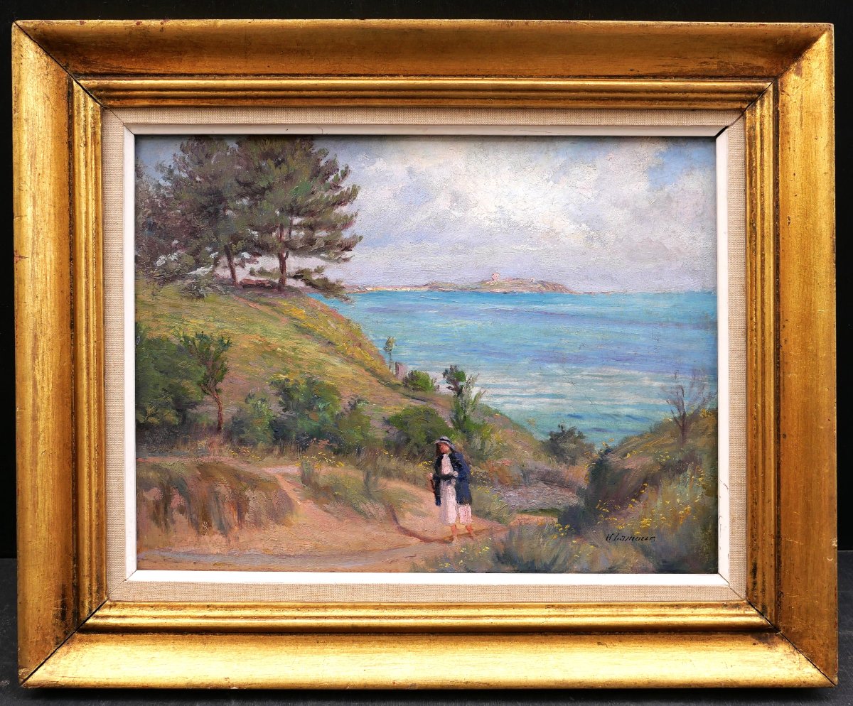 H. LAMOUR, Femme en bord de mer à Saint-Jacut-de-la-Mer, tableau (paysage de Bretagne)-photo-4