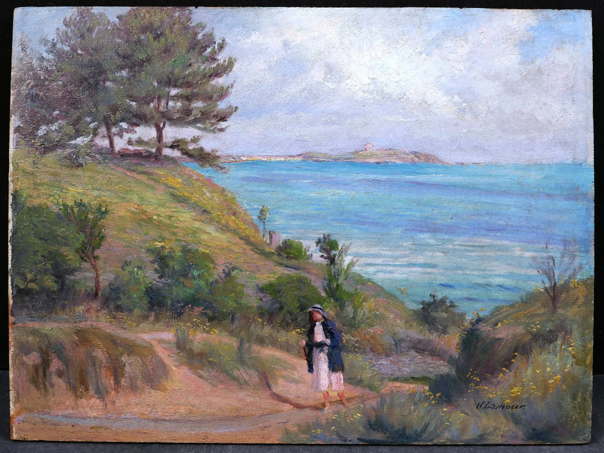 H. LAMOUR, Femme en bord de mer à Saint-Jacut-de-la-Mer, tableau (paysage de Bretagne)-photo-1