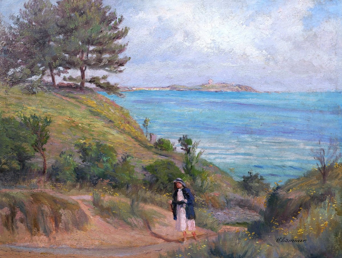 H. LAMOUR, Femme en bord de mer à Saint-Jacut-de-la-Mer, tableau (paysage de Bretagne)