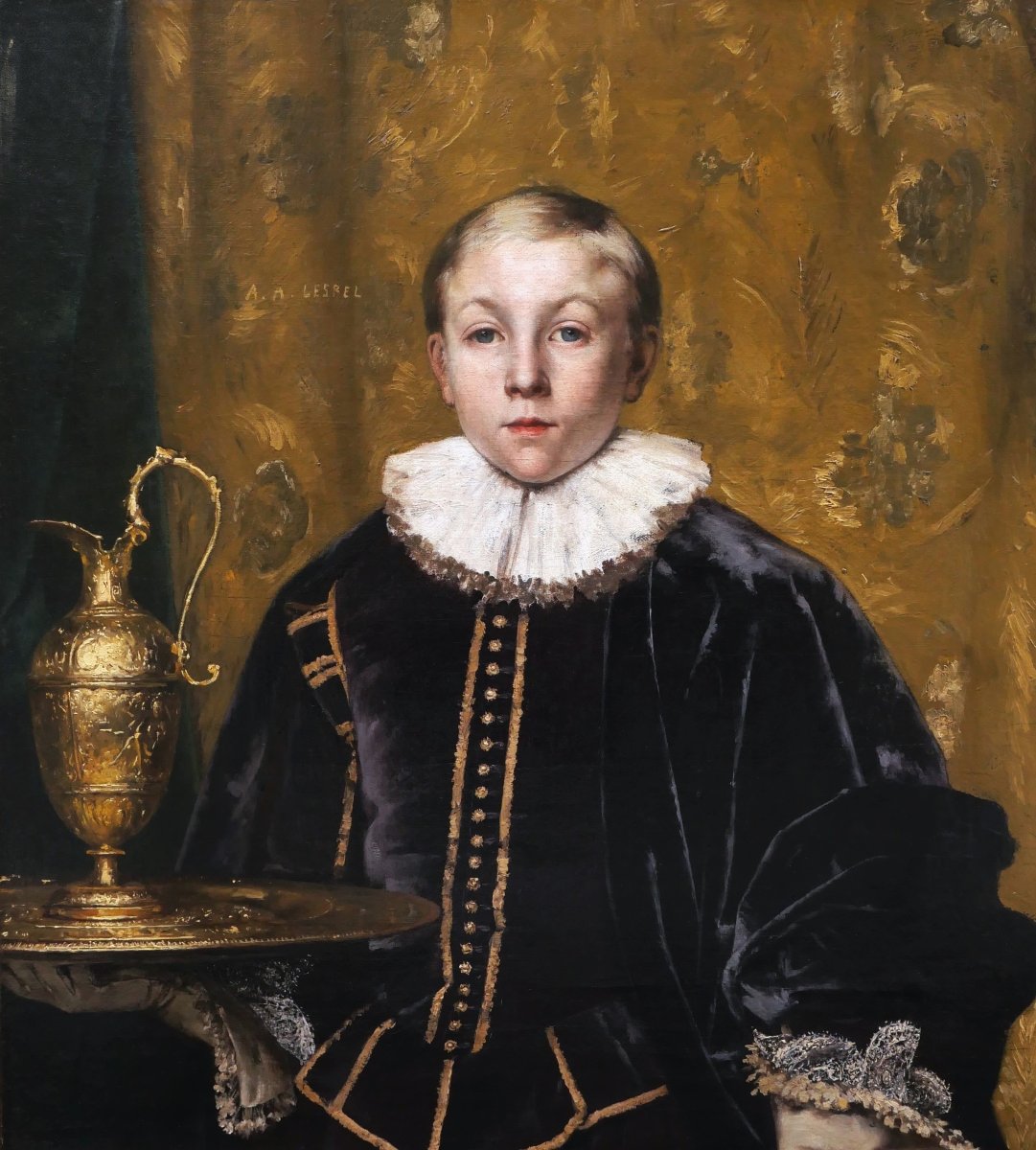 Adolphe Alexandre LESREL, Le petit page, tableau (portrait d'enfant) GRAND FORMAT