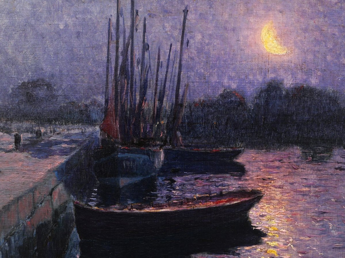 Nicolas Maximilien, dit Max BOUVET, Bateaux dans le port du Croisic au clair de lune, tableau-photo-2