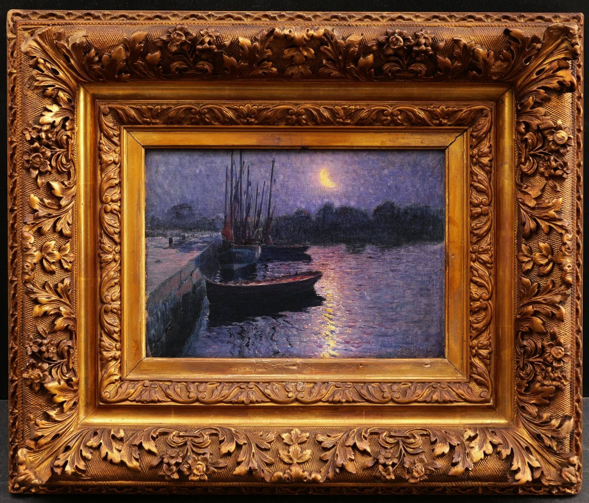 Nicolas Maximilien, dit Max BOUVET, Bateaux dans le port du Croisic au clair de lune, tableau-photo-4