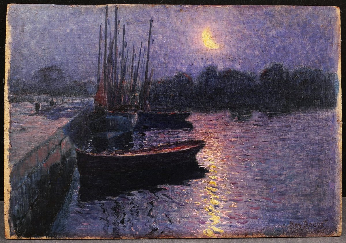 Nicolas Maximilien, dit Max BOUVET, Bateaux dans le port du Croisic au clair de lune, tableau-photo-1