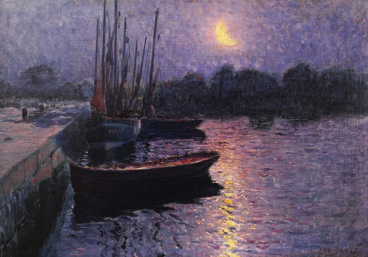 Nicolas Maximilien, dit Max BOUVET, Bateaux dans le port du Croisic au clair de lune, tableau