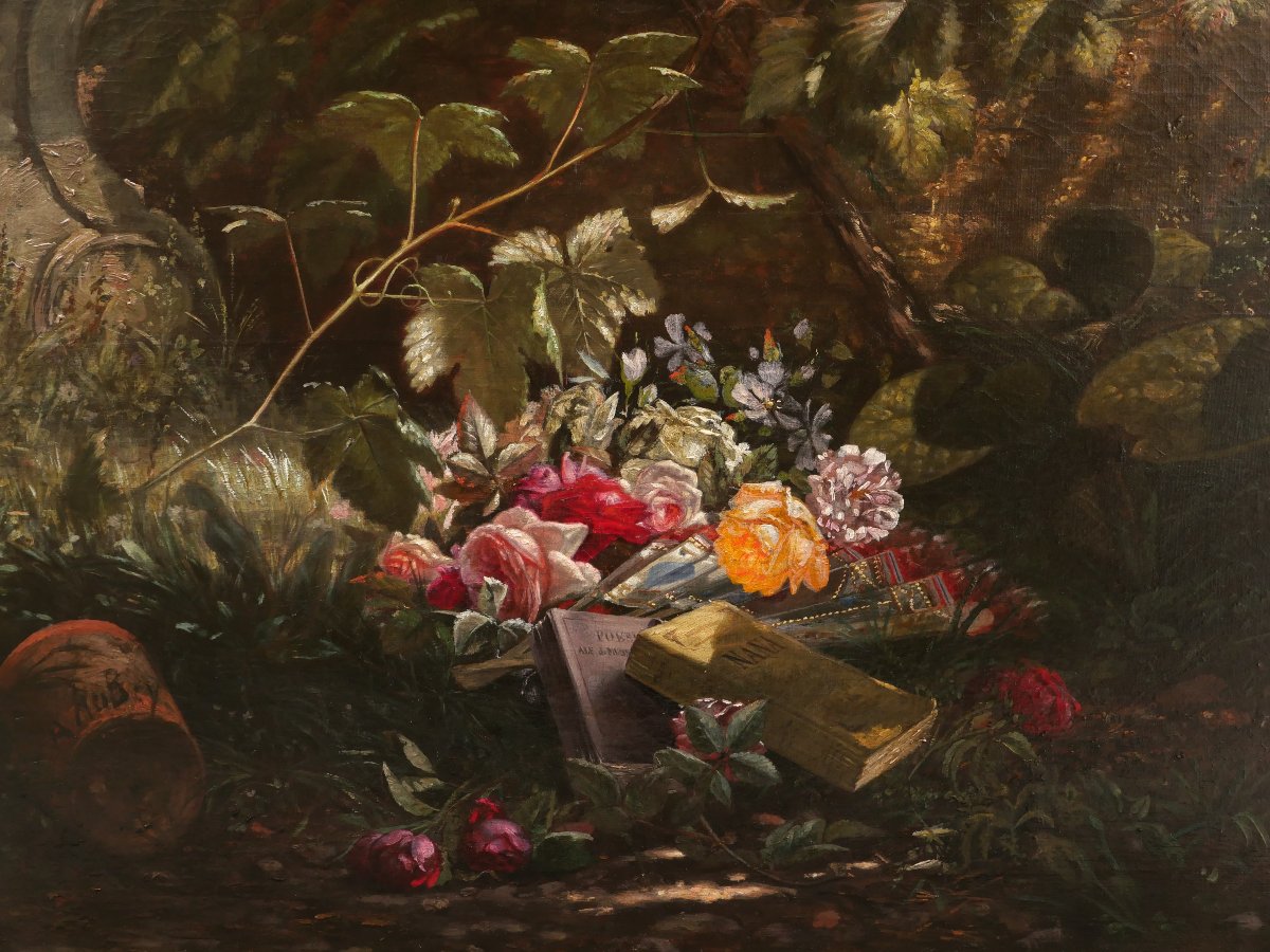 Adrian Aubry, Still Life With Roses And Books In The Woods, Painting (musset, Zola)-photo-2