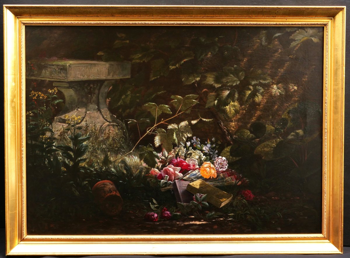 Adrian Aubry, Still Life With Roses And Books In The Woods, Painting (musset, Zola)-photo-3