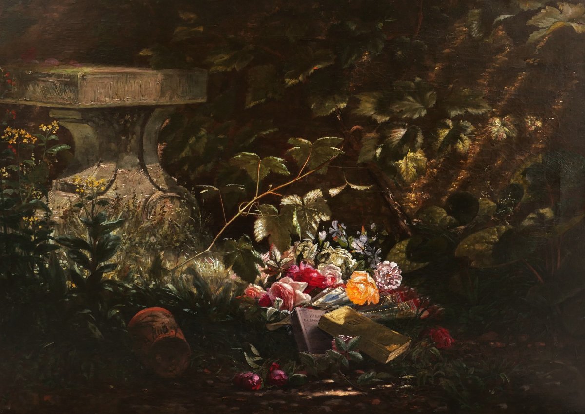 Adrian Aubry, Still Life With Roses And Books In The Woods, Painting (musset, Zola)