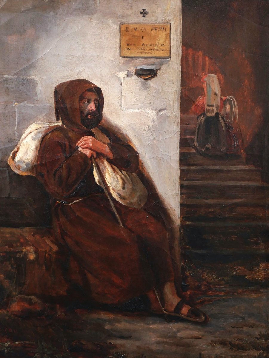 Jean Auguste Coupan, *monk At The Entrance To A Church In Italy*, Religious Painting-photo-2
