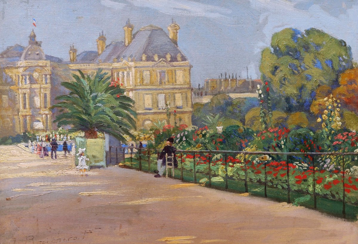 Isis BOUCHERAT, Vue animée du Jardin du Luxembourg avec le Sénat, tableau mauritien