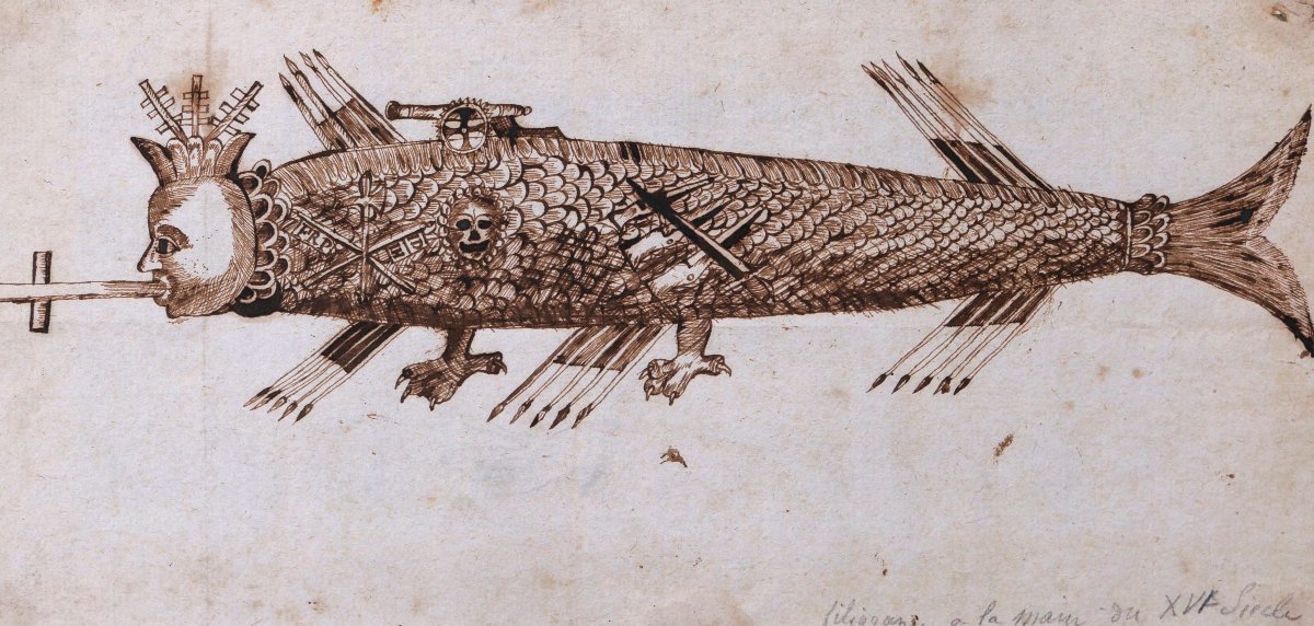 École FRANÇAISE XVIème siècle, Allégorie satirique de la Papauté en Léviathan, dessin ancien-photo-2