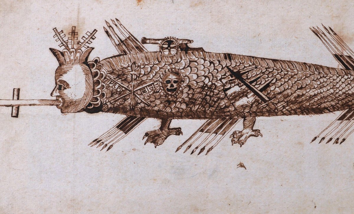 École FRANÇAISE XVIème siècle, Allégorie satirique de la Papauté en Léviathan, dessin ancien-photo-3