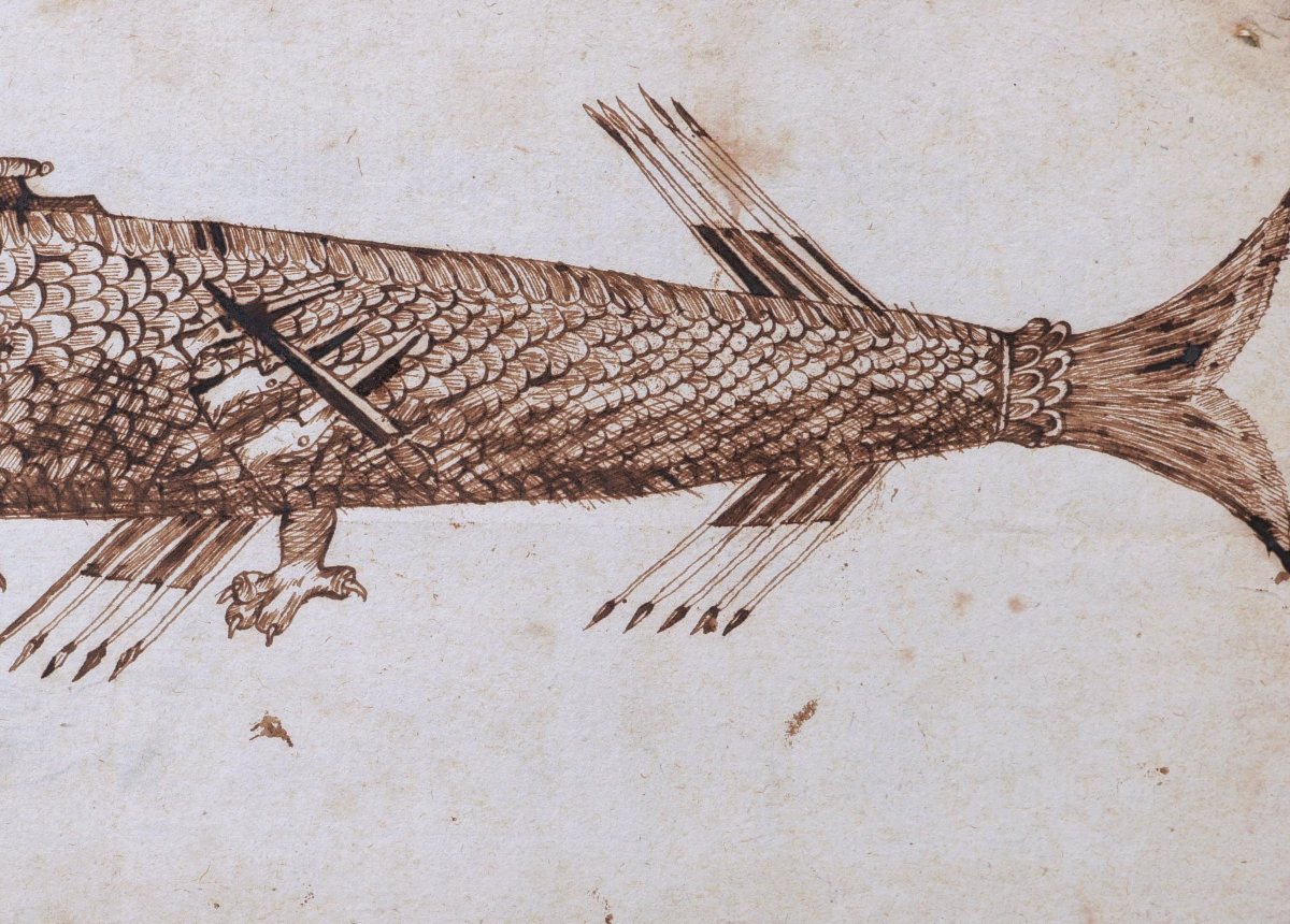 École FRANÇAISE XVIème siècle, Allégorie satirique de la Papauté en Léviathan, dessin ancien-photo-4