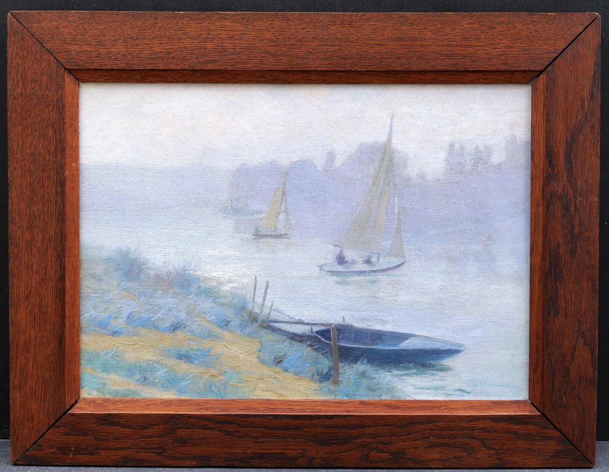 École FRANÇAISE circa 1900 , Voiliers sur la Seine, tableau de paysage impressionniste-photo-3