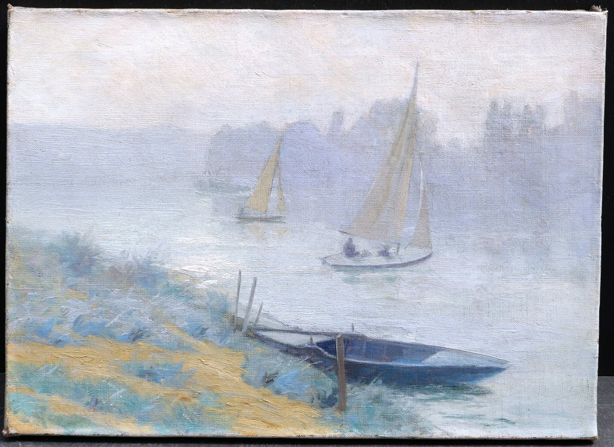 École FRANÇAISE circa 1900 , Voiliers sur la Seine, tableau de paysage impressionniste-photo-4