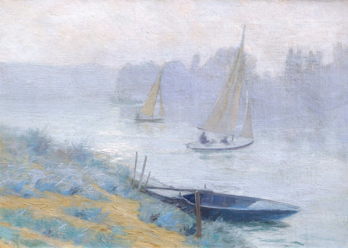 École FRANÇAISE circa 1900 , Voiliers sur la Seine, tableau de paysage impressionniste