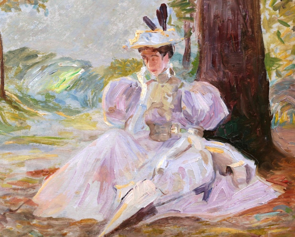 French Impressionist School, Circa 1880, Woman With A Pince-nez Seated Under A Tree, Painting-photo-2