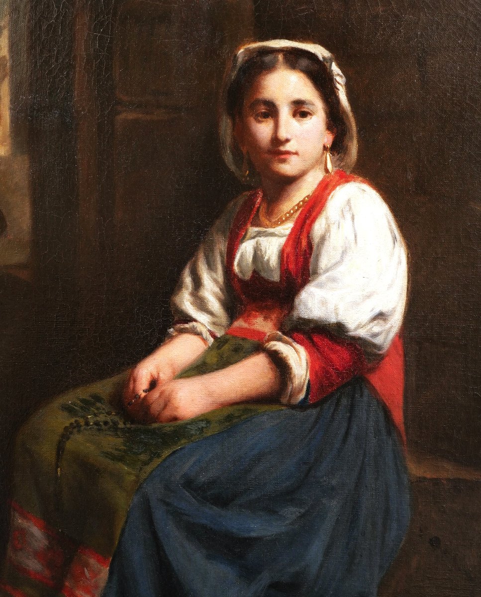 École probablement HOLLANDAISE XIXème siècle, Jeune femme italienne assise, tableau (portrait)-photo-2