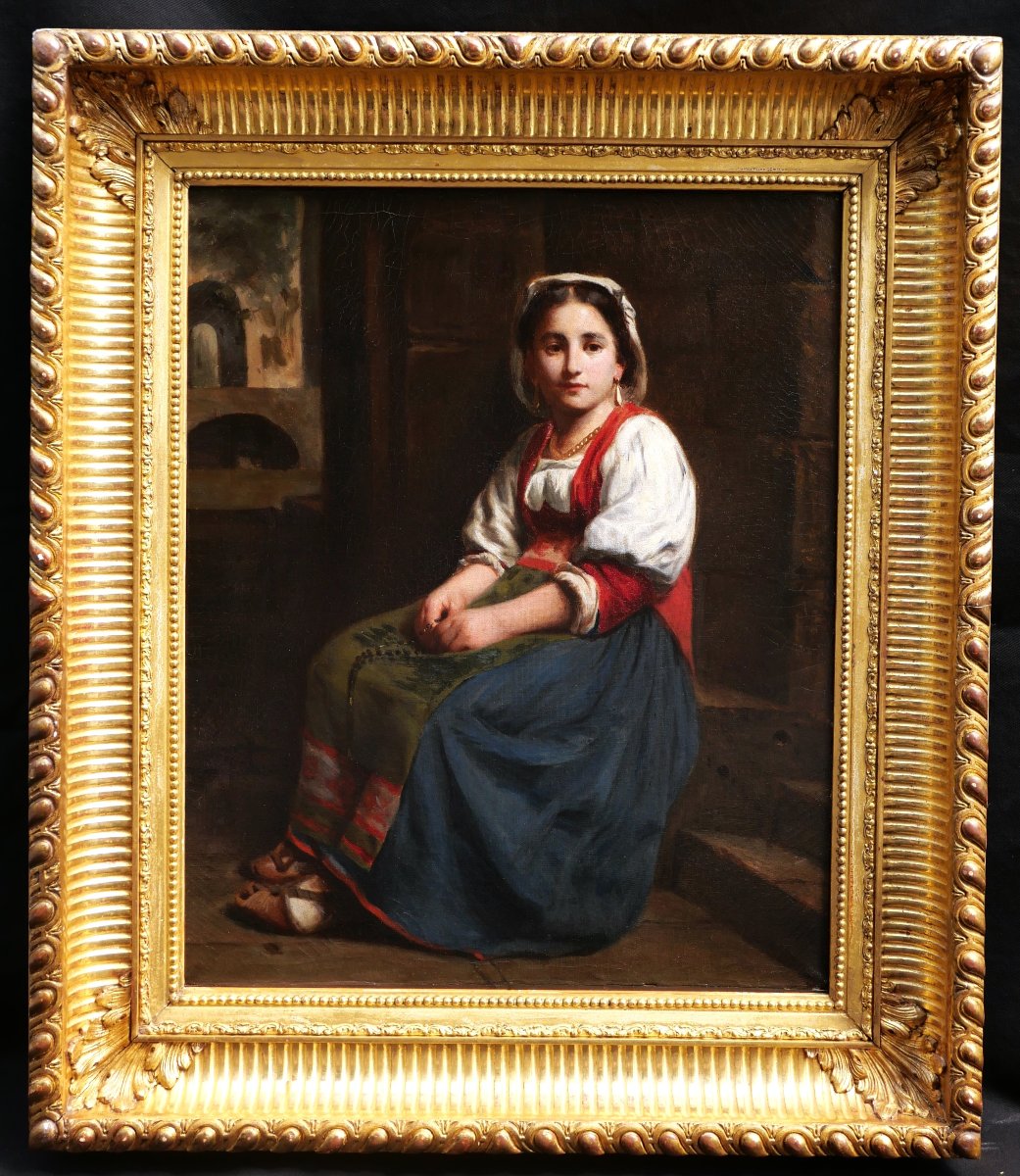 École probablement HOLLANDAISE XIXème siècle, Jeune femme italienne assise, tableau (portrait)-photo-4