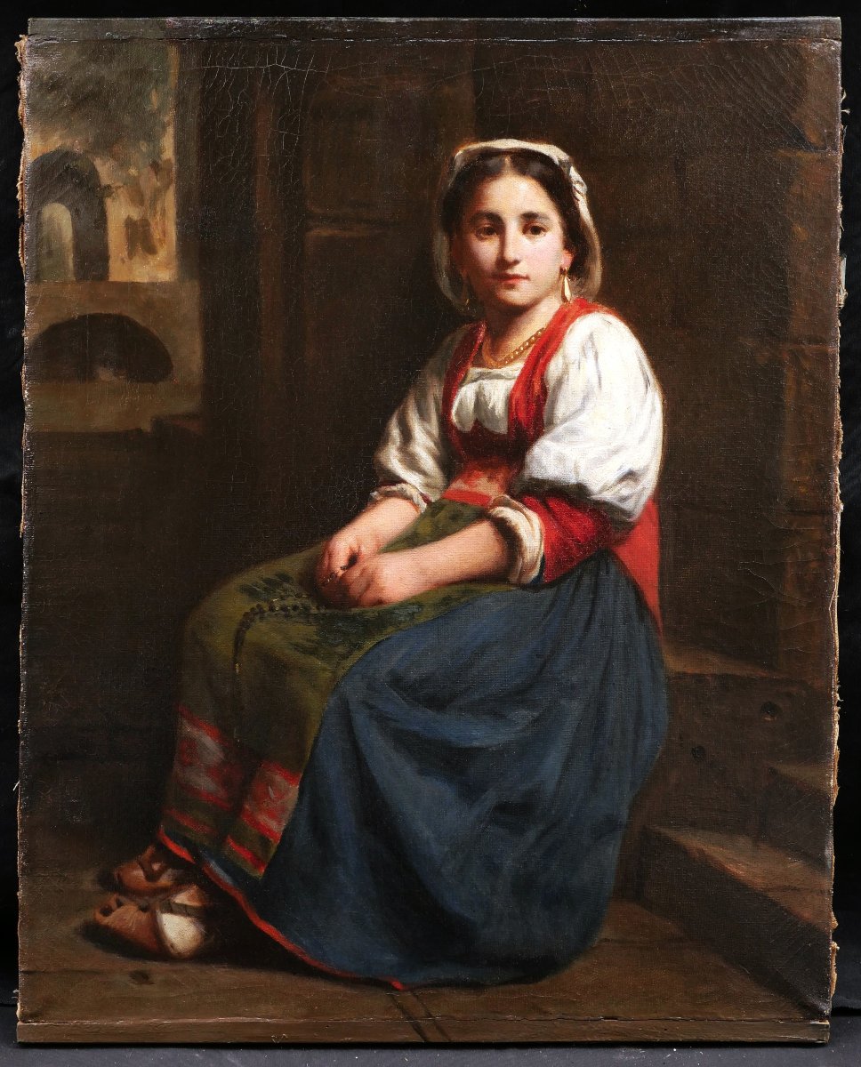 École probablement HOLLANDAISE XIXème siècle, Jeune femme italienne assise, tableau (portrait)-photo-1