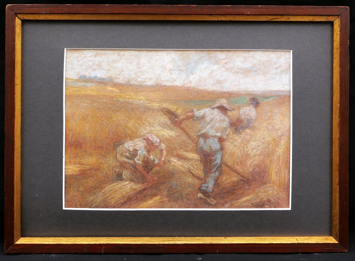 Attribué à Léon Auguste LHERMITTE, Les faucheurs, dessin au pastel-photo-1