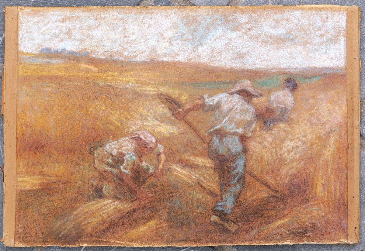 Attribué à Léon Auguste LHERMITTE, Les faucheurs, dessin au pastel-photo-2