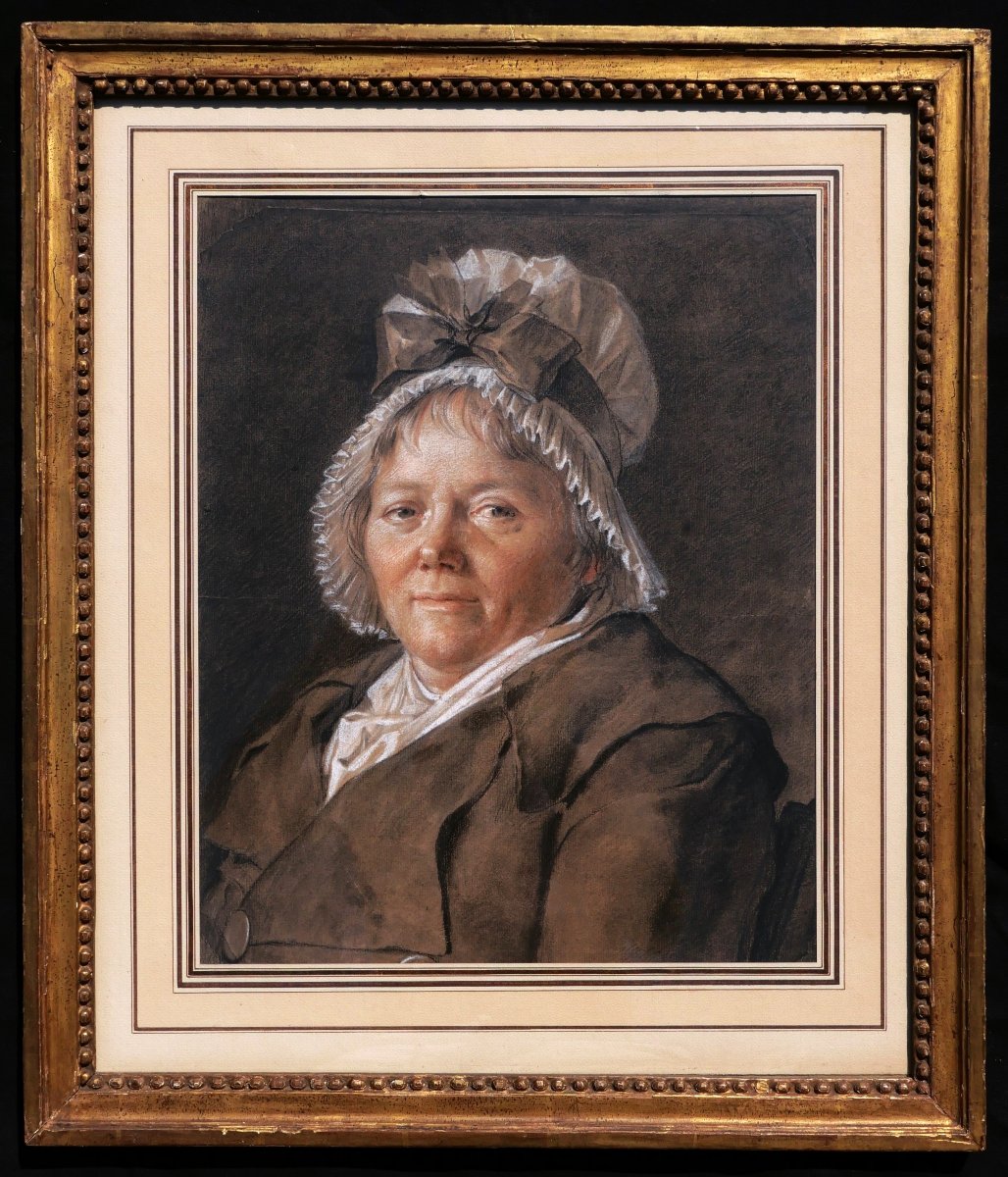 Entourage de François-André VINCENT, Portrait de femme au bonnet, dessin ancien-photo-3
