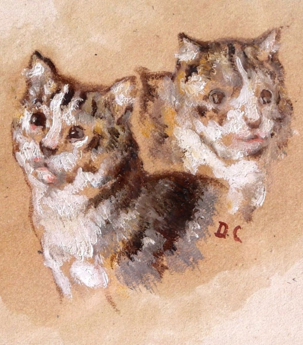 Alexandre Gabriel DECAMPS, Deux chatons, tableau à l'huile sur papier-photo-2