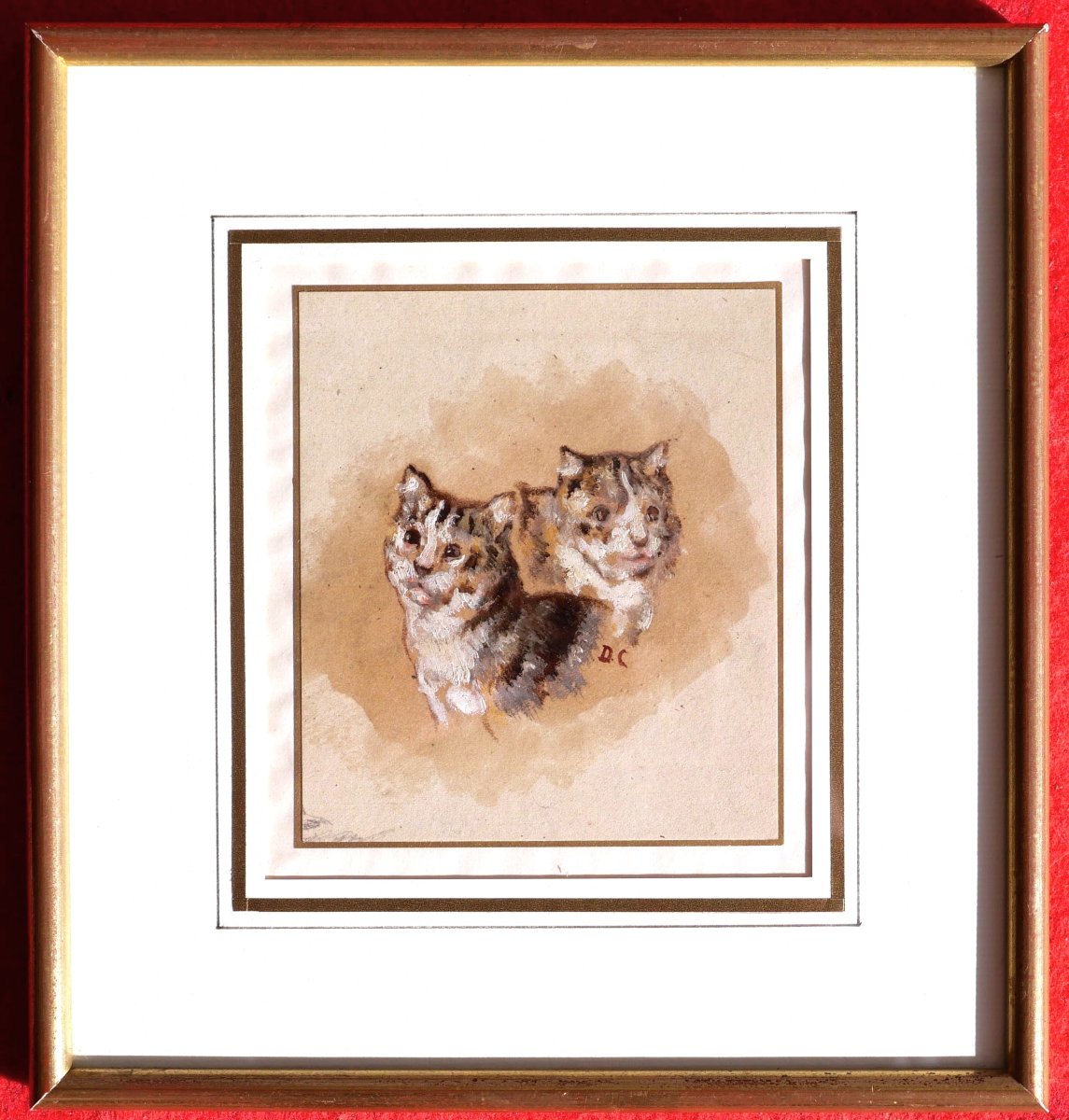 Alexandre Gabriel DECAMPS, Deux chatons, tableau à l'huile sur papier-photo-3