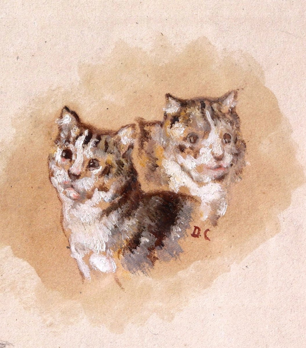 Alexandre Gabriel DECAMPS, Deux chatons, tableau à l'huile sur papier