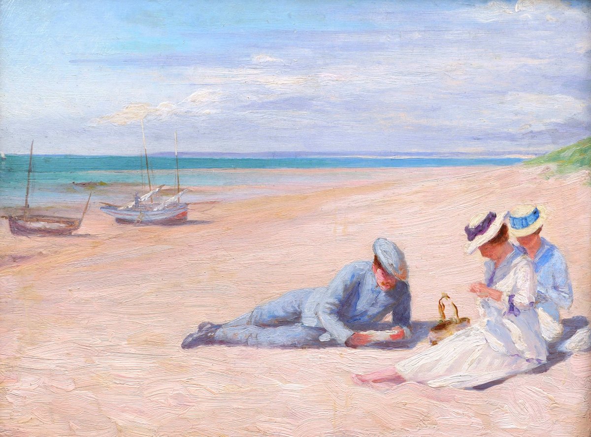 Attributed To Lucien Hector Jonas, Two Beach Scenes, A Pair Of Landscape Paintings-photo-1