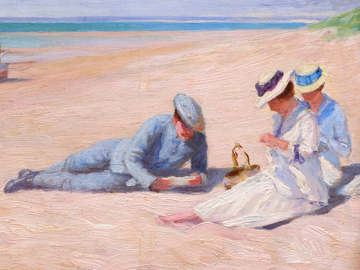 Attributed To Lucien Hector Jonas, Two Beach Scenes, A Pair Of Landscape Paintings-photo-3