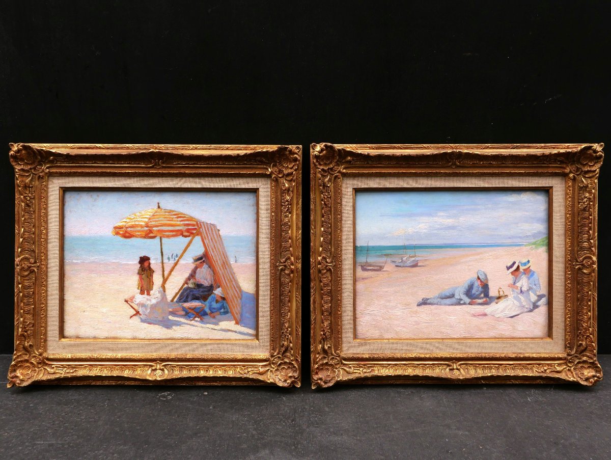 Attributed To Lucien Hector Jonas, Two Beach Scenes, A Pair Of Landscape Paintings
