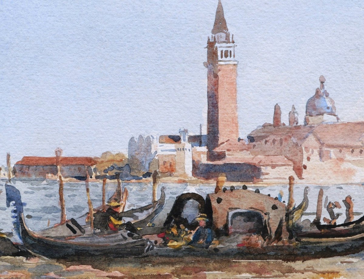 Alexis Eugène GUIGNÉ, Gondoliers devant San Giorgio Maggiore (Venise), aquarelle-photo-2