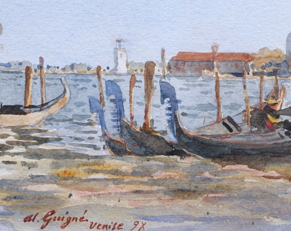 Alexis Eugène GUIGNÉ, Gondoliers devant San Giorgio Maggiore (Venise), aquarelle-photo-3