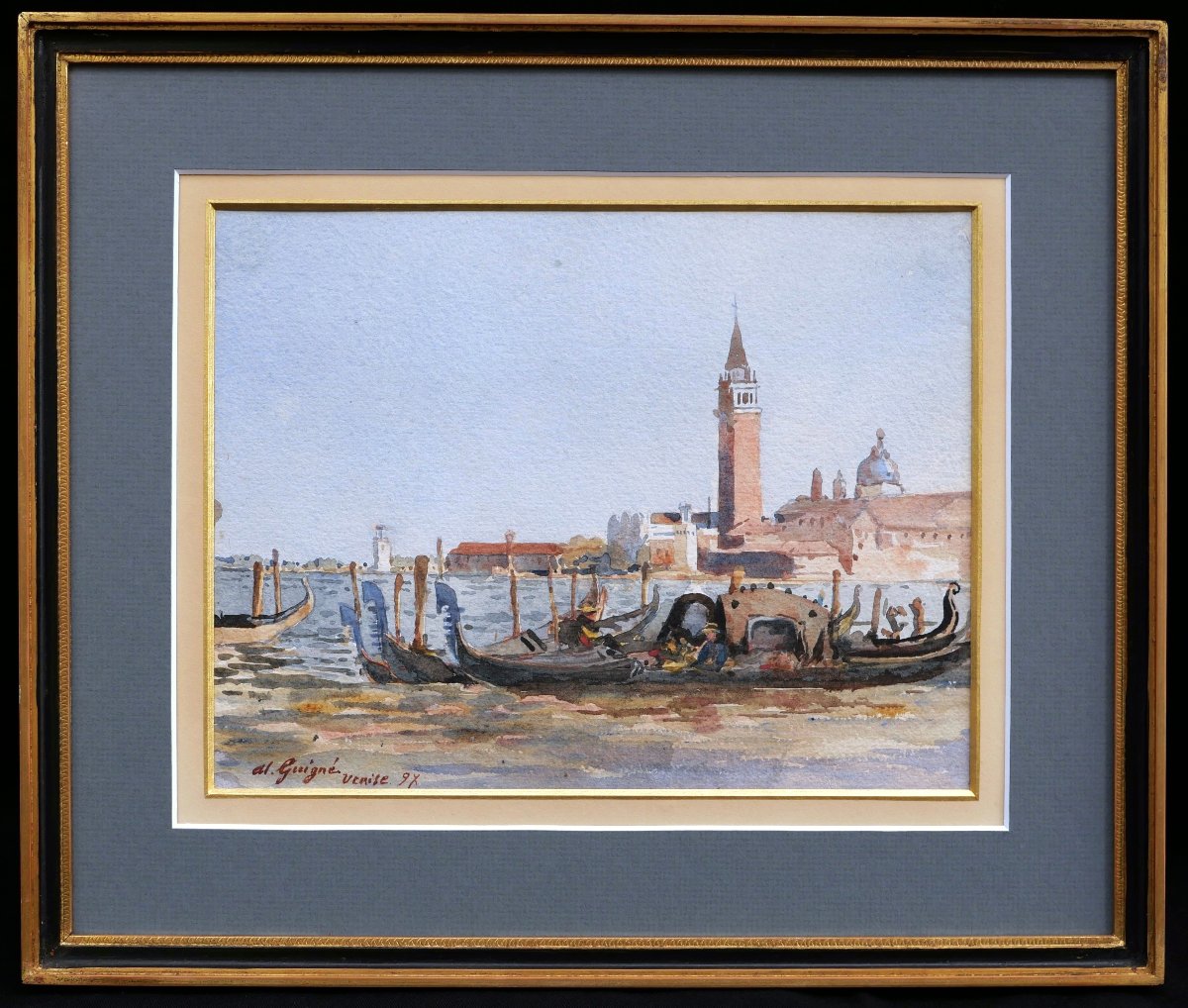 Alexis Eugène GUIGNÉ, Gondoliers devant San Giorgio Maggiore (Venise), aquarelle-photo-4