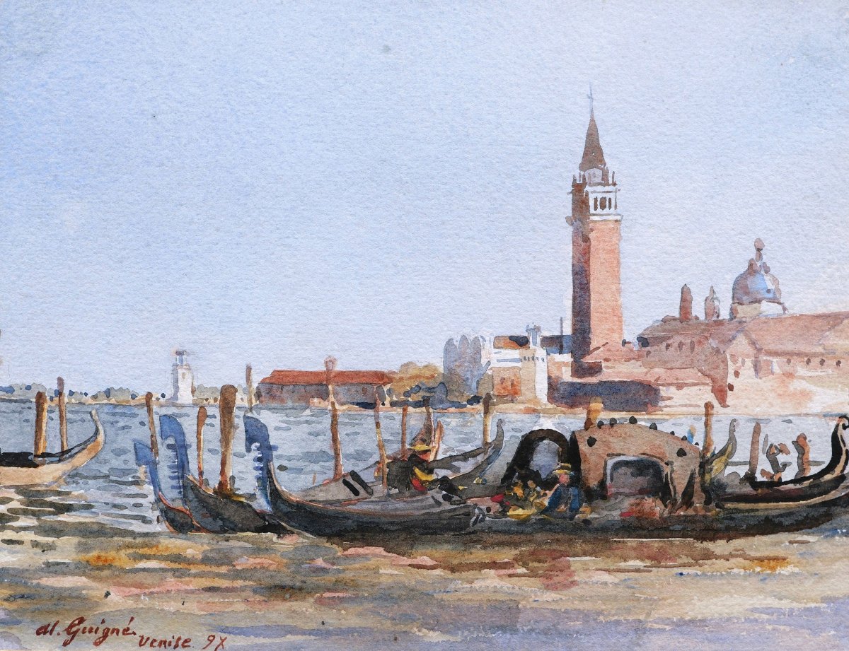 Alexis Eugène GUIGNÉ, Gondoliers devant San Giorgio Maggiore (Venise), aquarelle