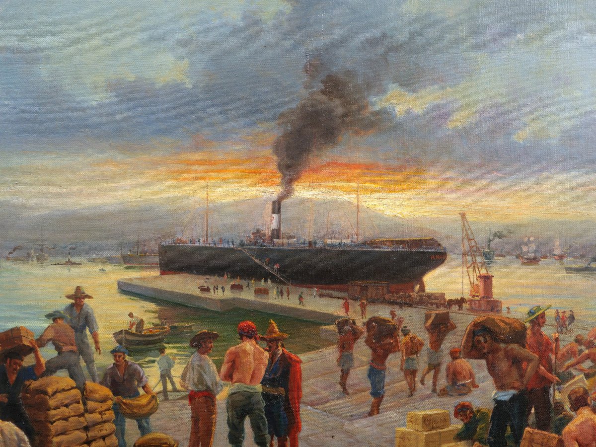 Attributed To Luigi Segala, Harbor Scene In Vigo, Spain, Large-format Seascape-photo-3