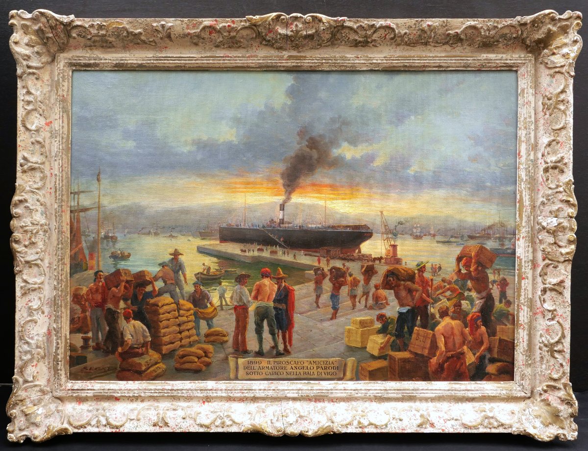 Attributed To Luigi Segala, Harbor Scene In Vigo, Spain, Large-format Seascape-photo-1