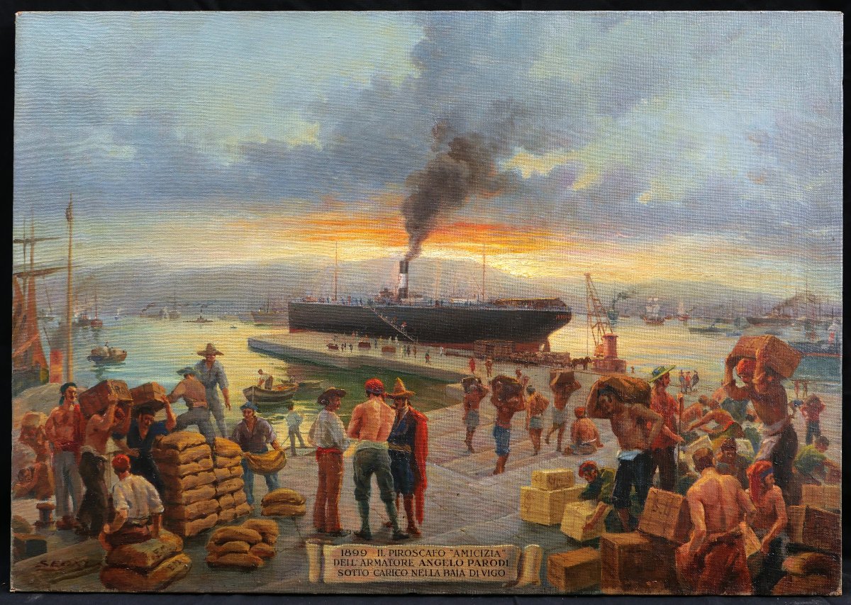 Attributed To Luigi Segala, Harbor Scene In Vigo, Spain, Large-format Seascape-photo-2