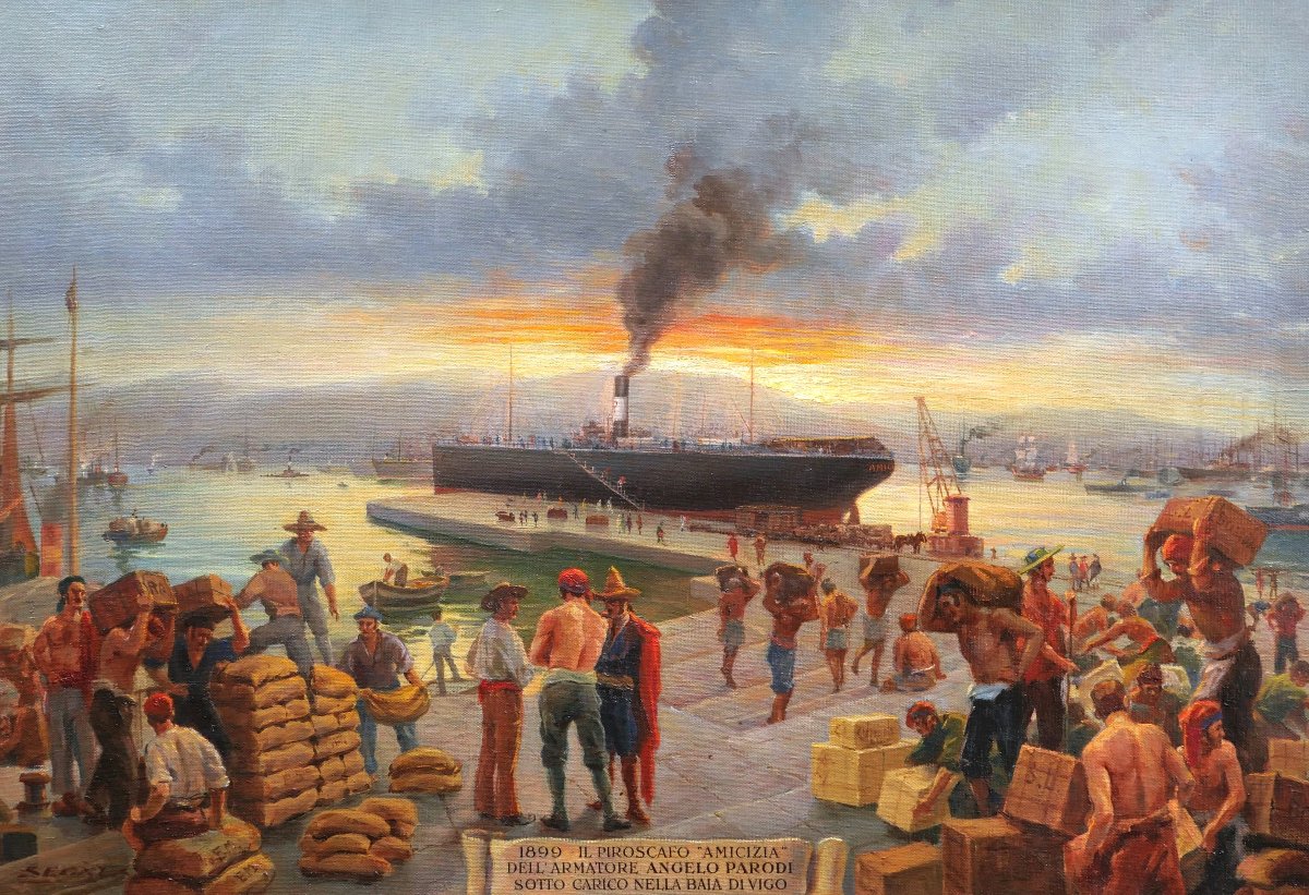 Attributed To Luigi Segala, Harbor Scene In Vigo, Spain, Large-format Seascape