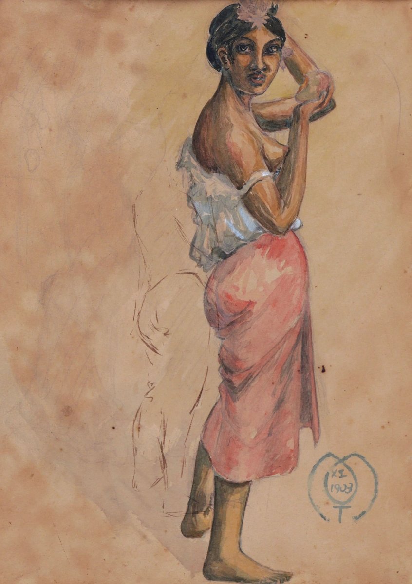 Octave Morillot, Woman From Tahiti, Watercolor (travel, Paul Gauguin)