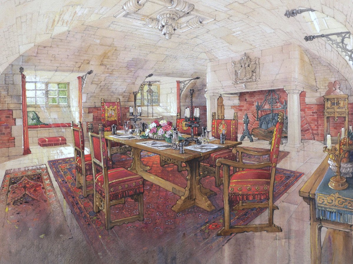 École FRANÇAISE début XXème siècle, Trois vues intérieures du Château de Beaumesnil, aquarelles-photo-4