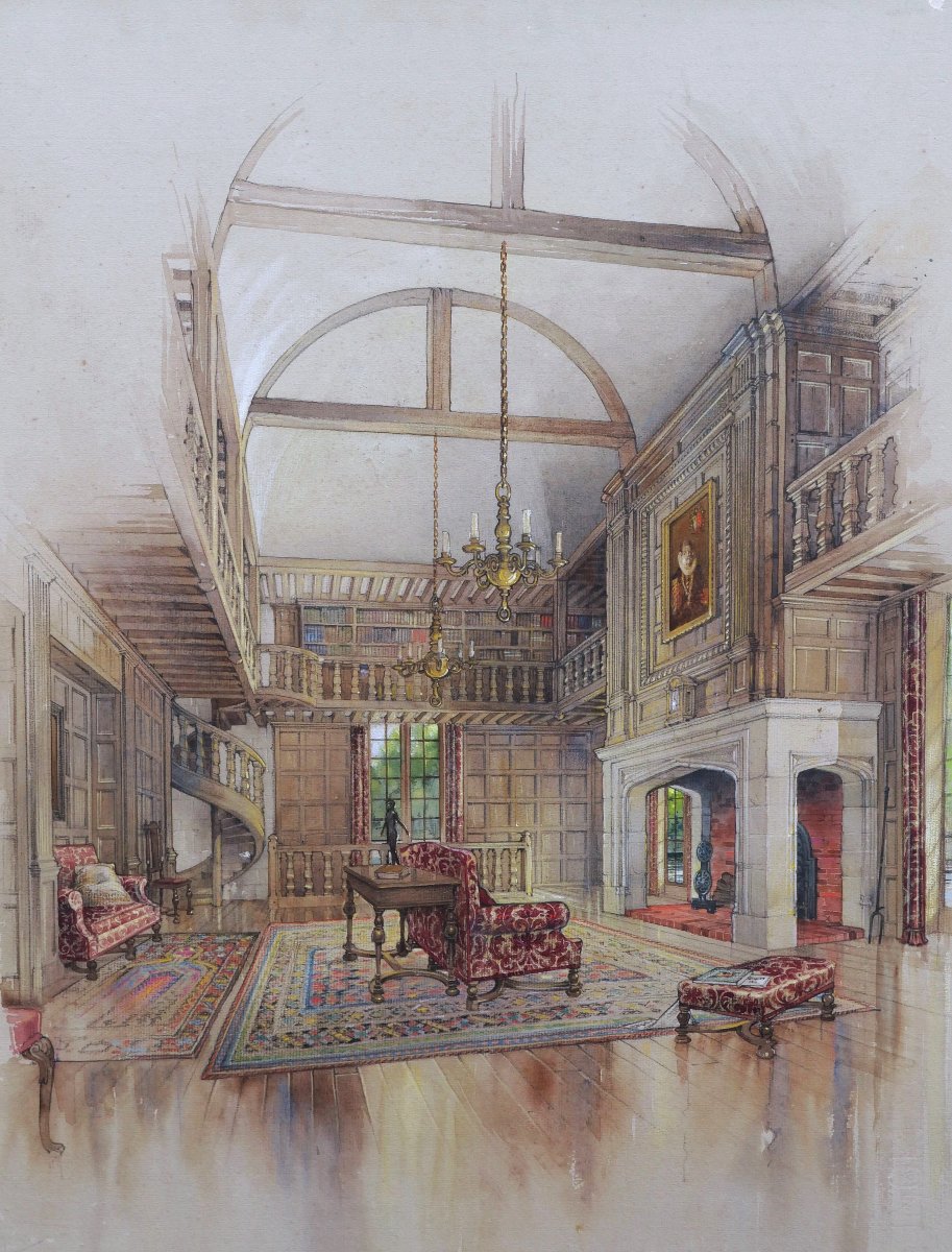 École FRANÇAISE début XXème siècle, Trois vues intérieures du Château de Beaumesnil, aquarelles-photo-3