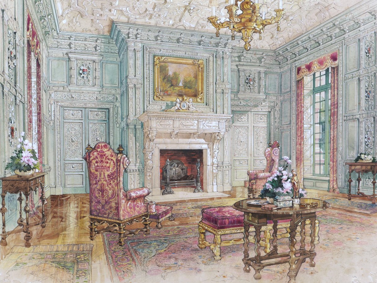 École FRANÇAISE début XXème siècle, Trois vues intérieures du Château de Beaumesnil, aquarelles-photo-1