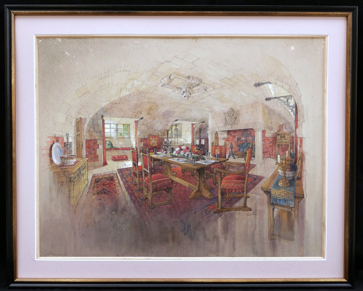 École FRANÇAISE début XXème siècle, Trois vues intérieures du Château de Beaumesnil, aquarelles-photo-3