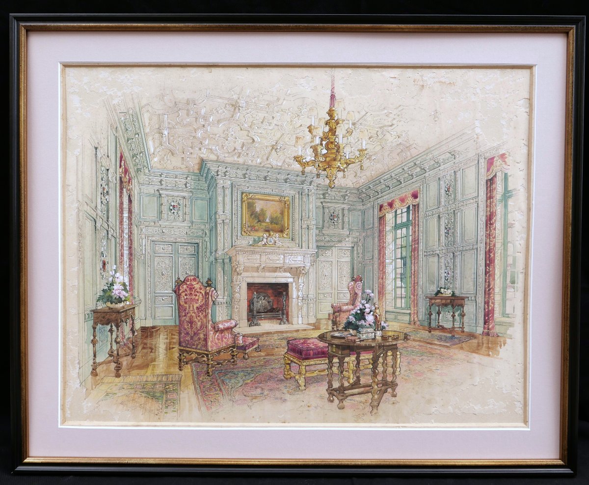 École FRANÇAISE début XXème siècle, Trois vues intérieures du Château de Beaumesnil, aquarelles-photo-4