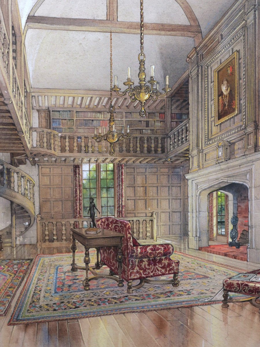 École FRANÇAISE début XXème siècle, Trois vues intérieures du Château de Beaumesnil, aquarelles-photo-2