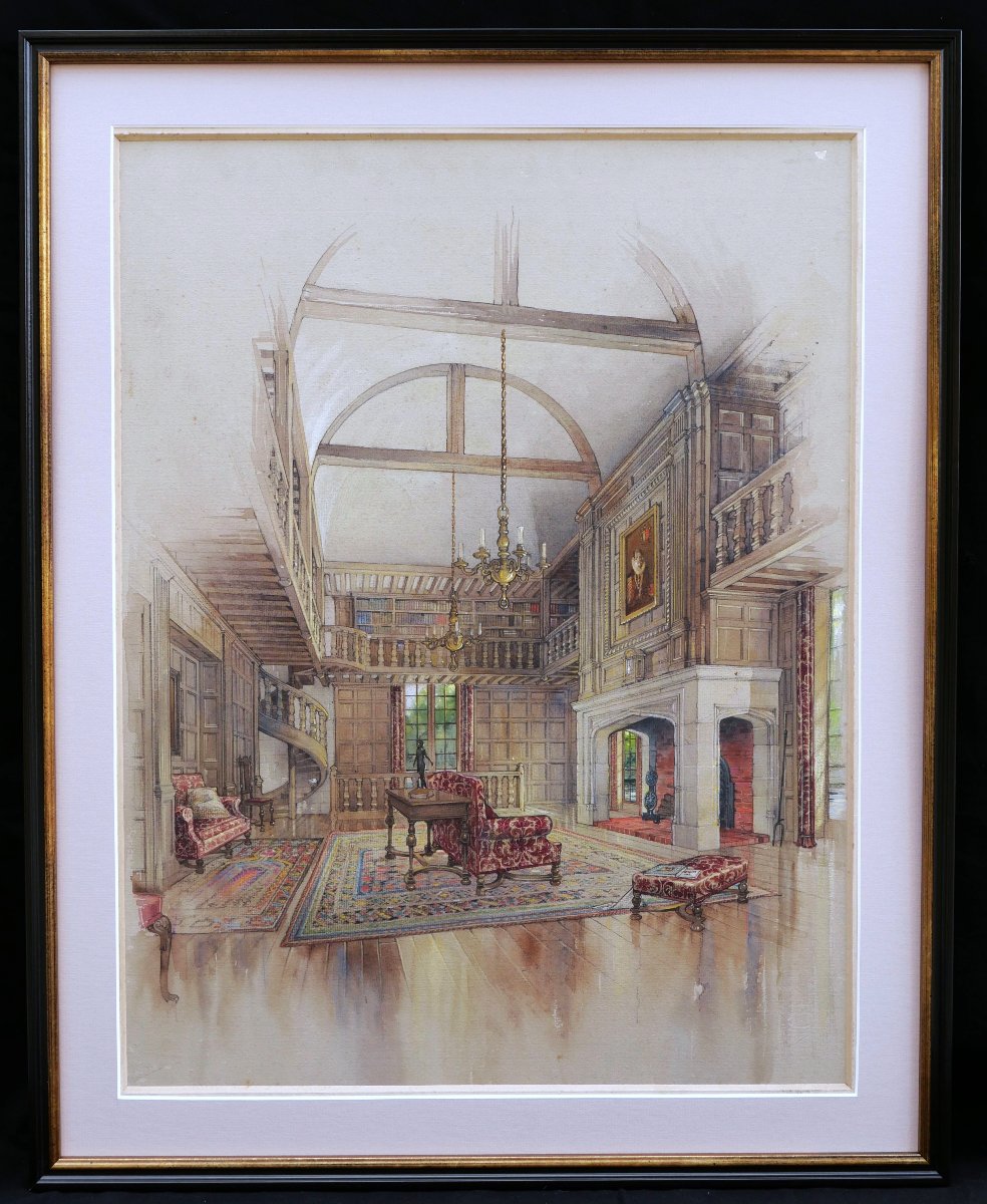 École FRANÇAISE début XXème siècle, Trois vues intérieures du Château de Beaumesnil, aquarelles-photo-5