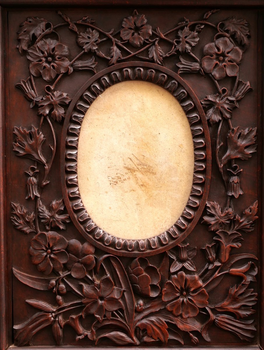Richly Carved, Stained Fruitwood Oval Picture Frame, 19th Century-photo-4